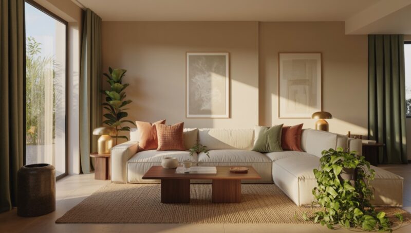 Bež zidovi i maslinaste zavese