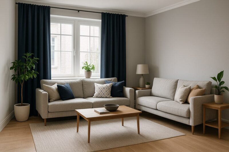 Svetlosiva boja zida i tamnoplave zavese