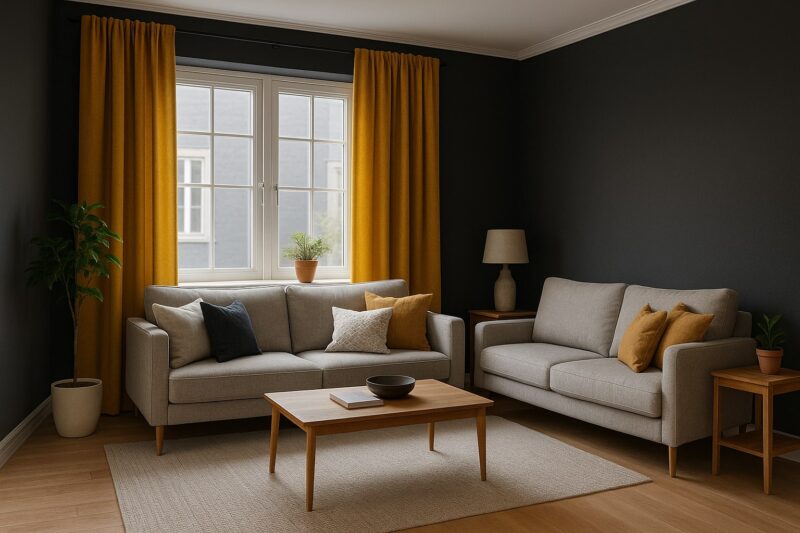 Tamnosivi zid i senf žute zavese