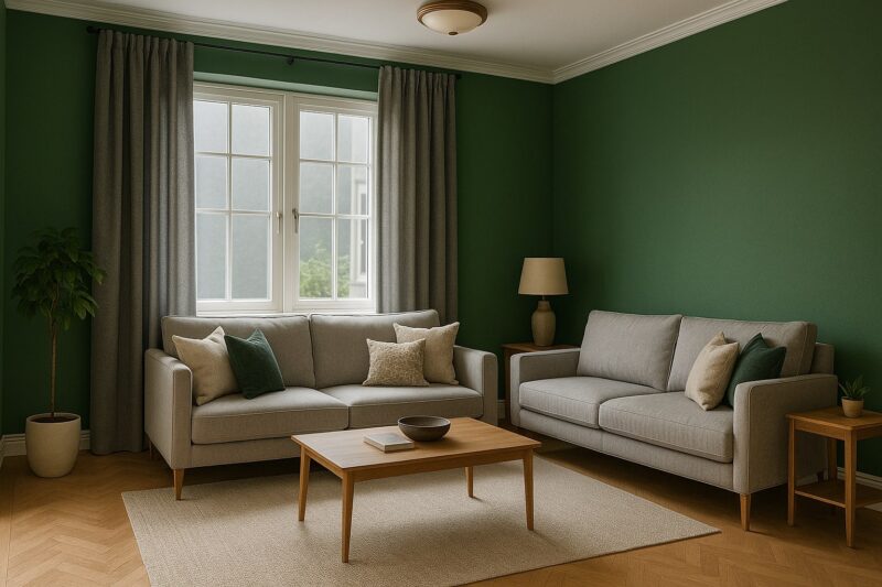 Zeleni tonovi zida i sive zavese u uređenju luksuznog enterijera