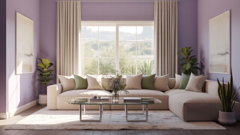 Zid u boji lavande i bež zavese