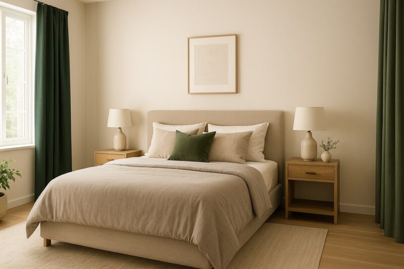 Zid u boji slonovače i tamnozelene zavese