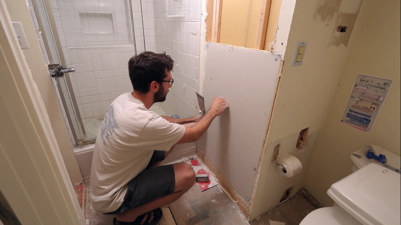 covek koji postavlja gipsane ploce u kupatilu