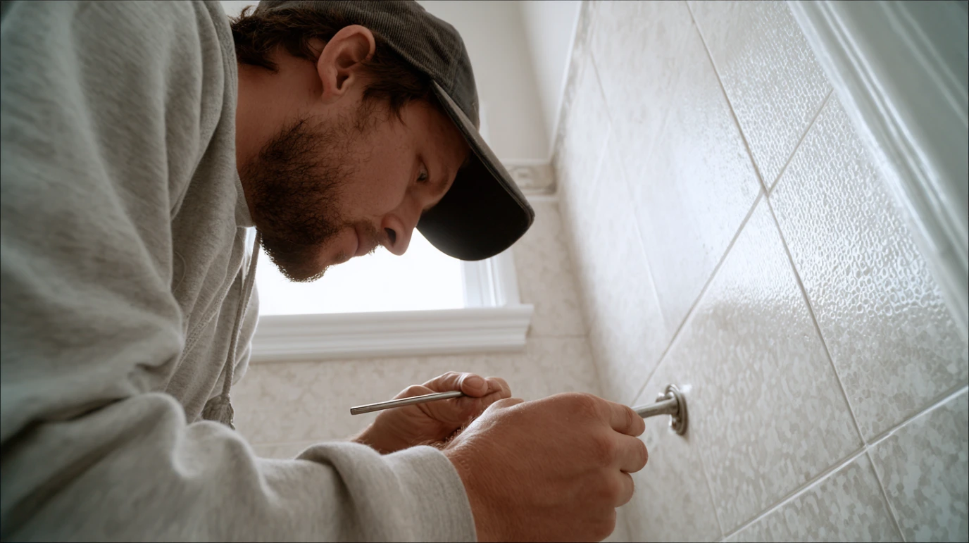 Covek koji u kupatilu postavlja metalnu konstrukciju