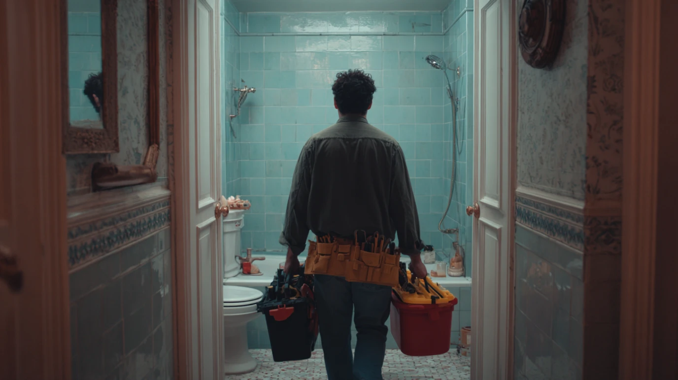 Covek koji unosi svoje alate u kupatilo