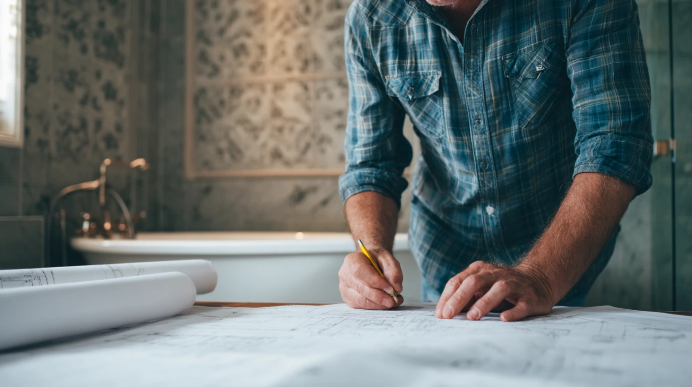 Covek u kupatilu pravi planove za renoviranje